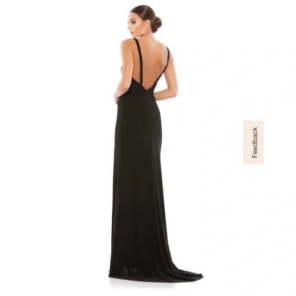 Mac Duggal 25846 Jersey Plunge V-neck Black Gown Dress High Slit Size 4 NWT - Picture 3 of 9